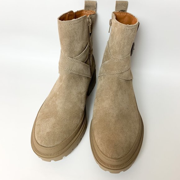 NEW Lucky Brand Tan Dune Elyton Suede Buckle Chunky Lug Sole Zip Ankle Boots 10 - Picture 2 of 8